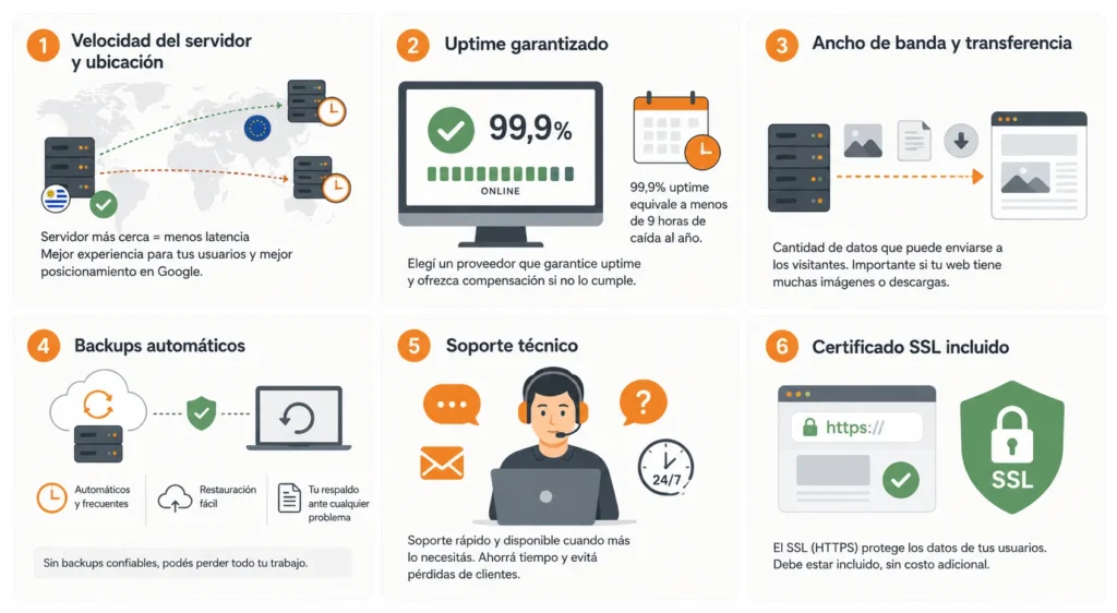 Representación visual de los factores básicos a tener en cuenta para elegir un buen hosting