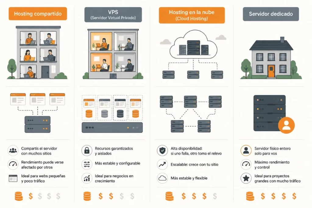 Representación visual de la diferencia entre hosting compartido, VPS (Servidor Virtual Privado), hosting en la nube (Cloud Hosting) y servidor dedicado.